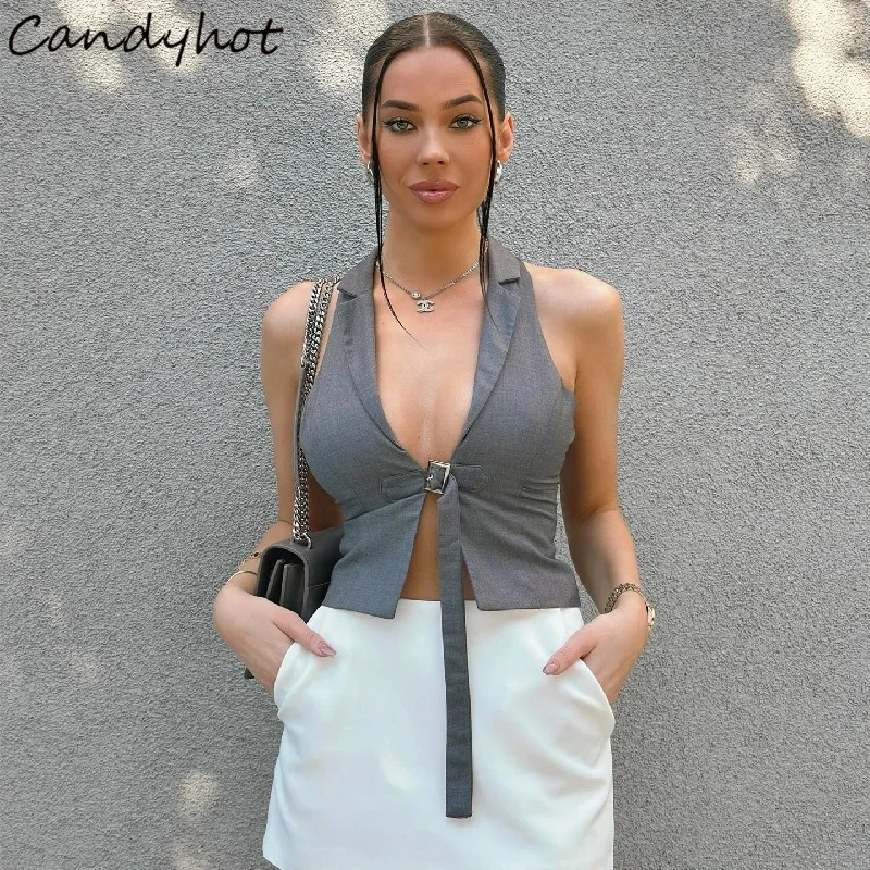 Candy Sexy Slim Fit V-neck Casual Top Summer Y2K Sleeveless Tank Top Fashion Hollow out Party Nightclub Womens Clothes 250606