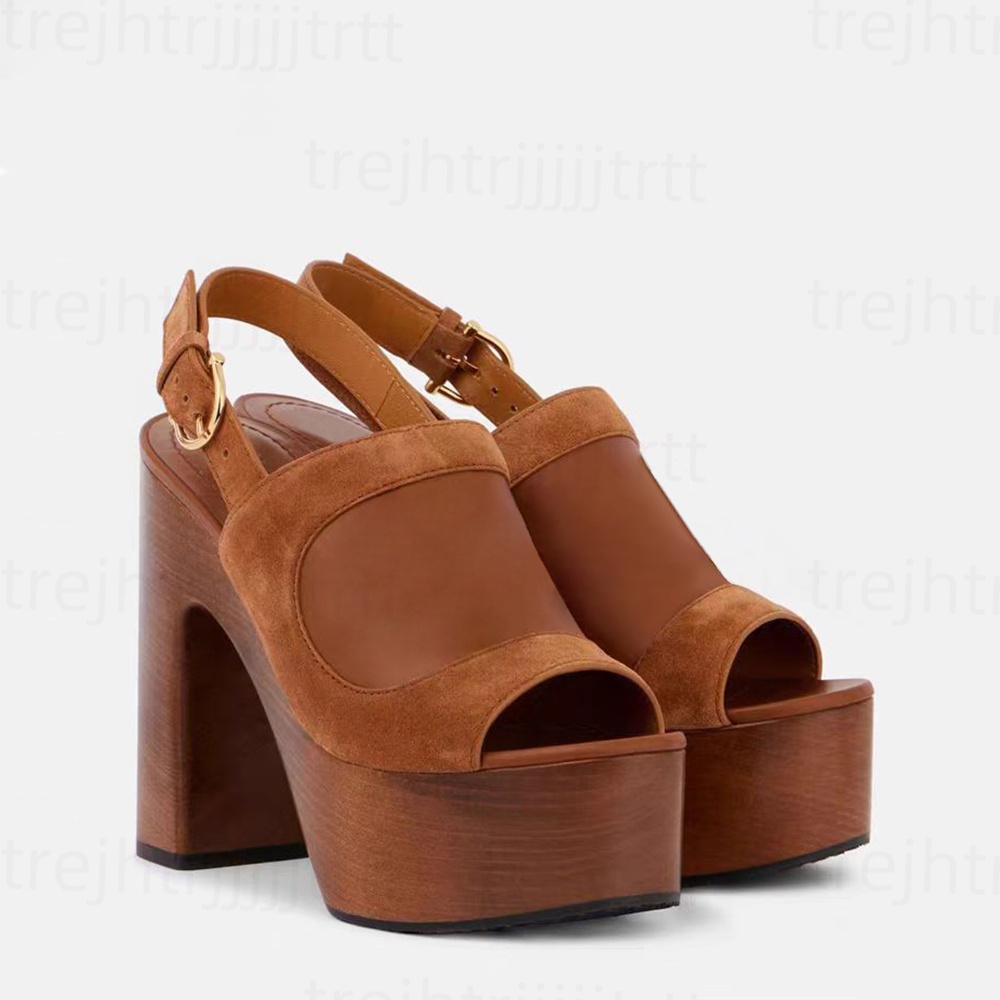 Sandales à plateforme à talon épais femme cuir suédé vachette brides arrière bout ouvert chaussures habillées soirée luxe créateur escarpins tenu