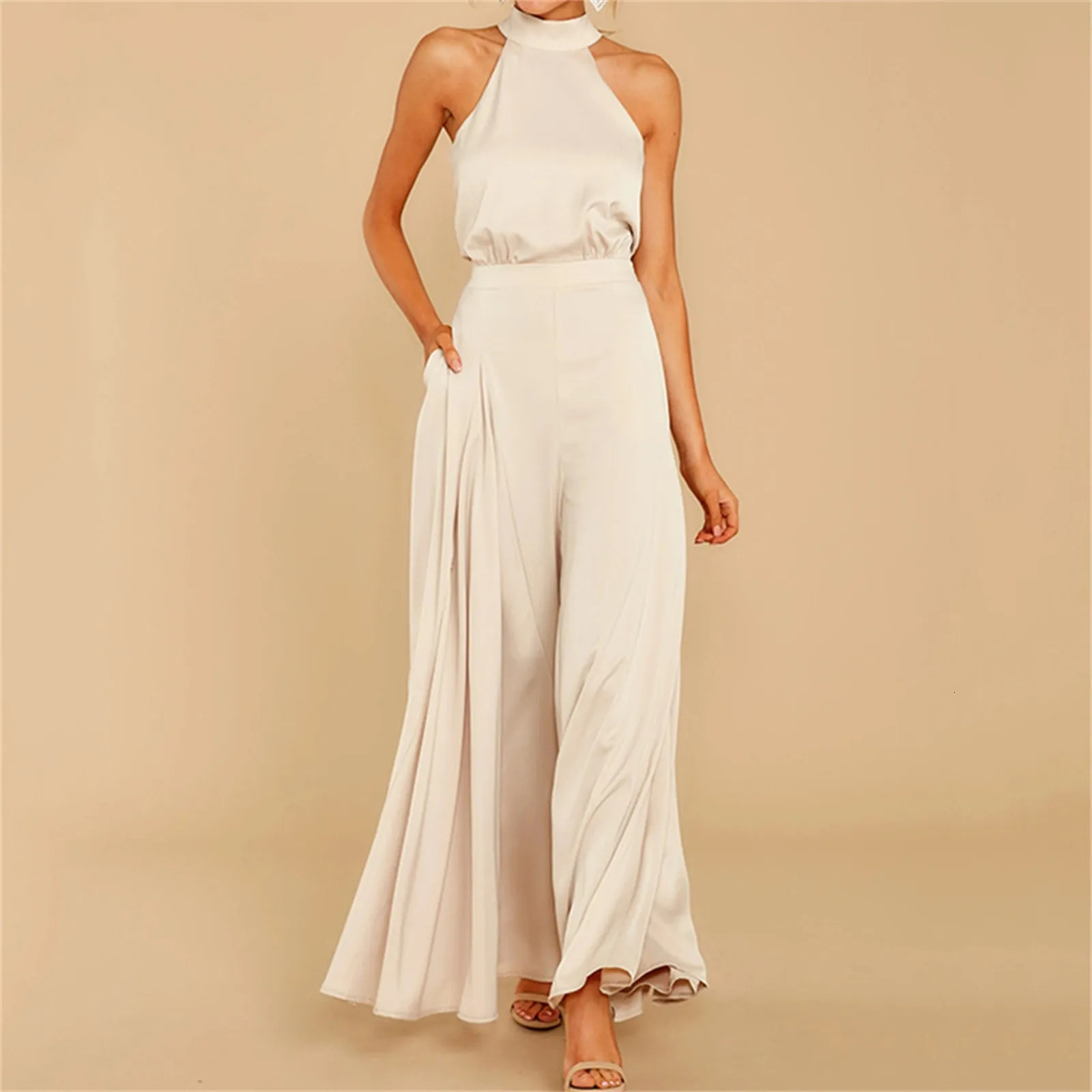 Women Ladies Halter Tie Back Jumpsuit Solid Color Women Full Length Large Leg Pants Jumpsuit Elegant Offic Ladies Summer Outwear 250606