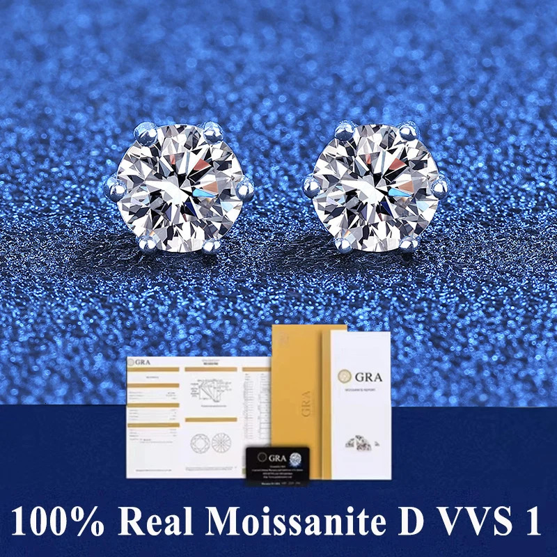 GRA 100% Real Sterling Silver With 2 Certificates 6 prong Earrings D Color Stud For Women Top Quality Wedding Jewelry 250604