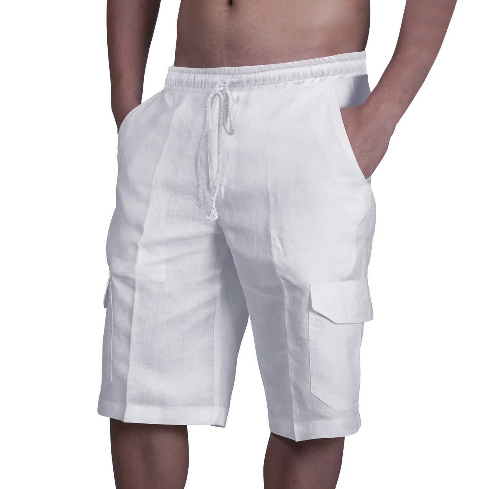 2025 new mens casual cotton and linen pocket tethered shorts mens daily all fashion solid color comfortable beach overalls W250610