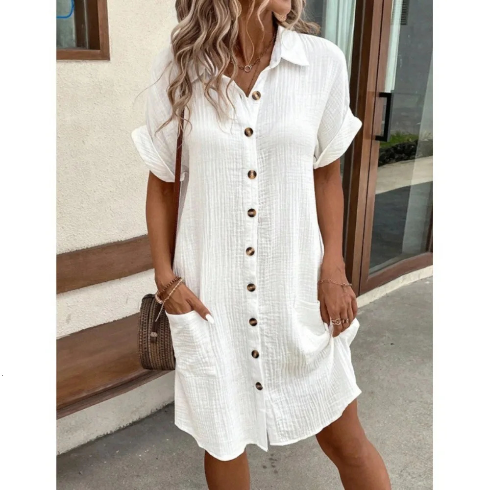 Summer Simple V-neck Button Up Dress Woman Cotton Linen White Short Sleeved Pocket Casual Solid Loose Shirt Mini Dress 2025 250606