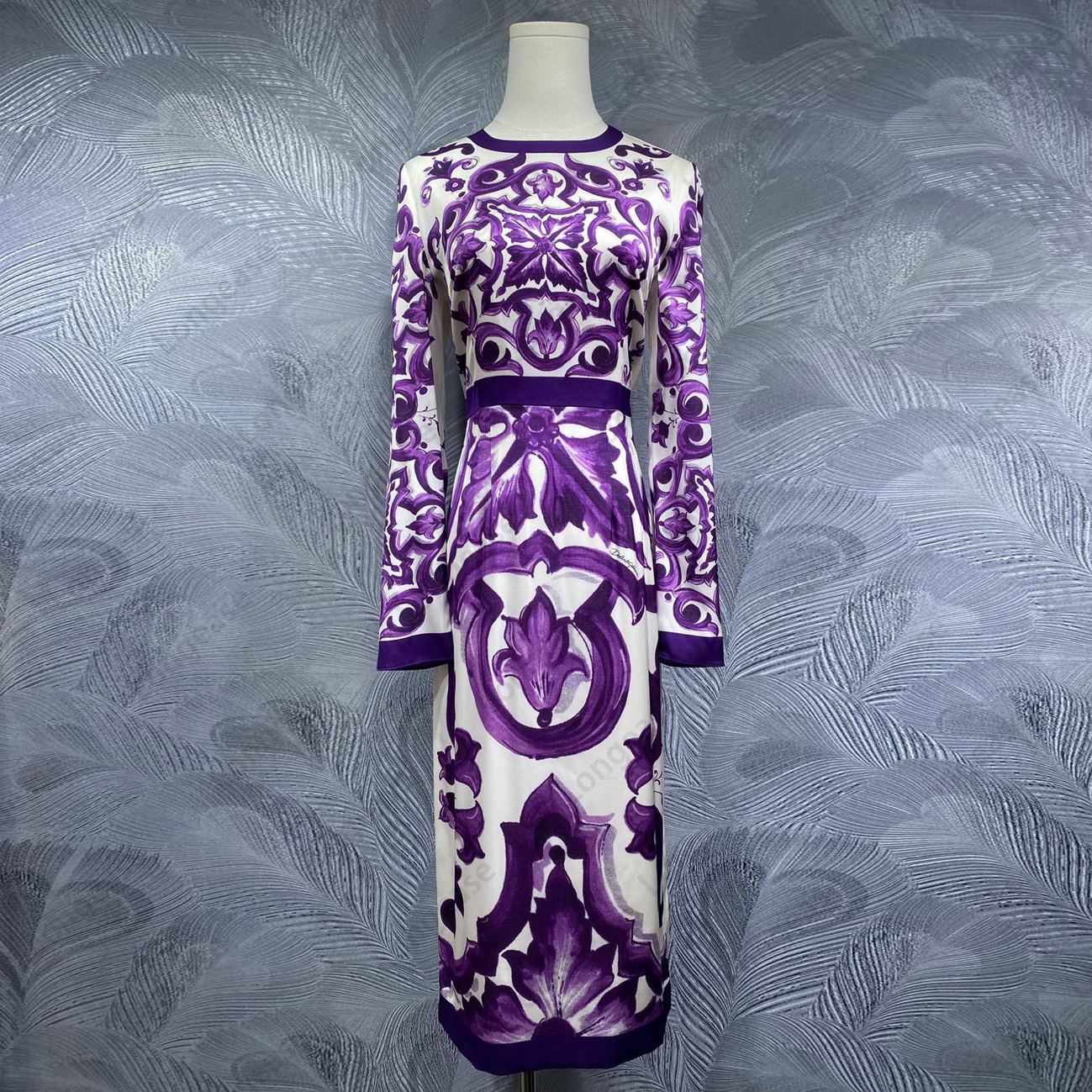 dress dresses for woman designer dress dresses silk purple floral printed tight fit crew neck long sleeves midi dress womens designer clothing birth