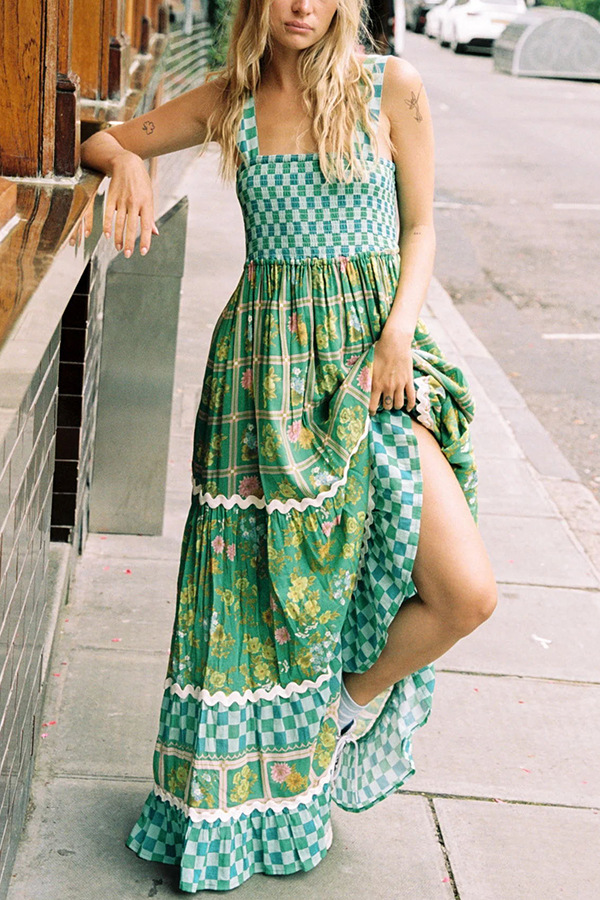 Summer Bohemian Pattern Printed Womens Lace Backless Long Dress Fashionable Loose Elegant Retro