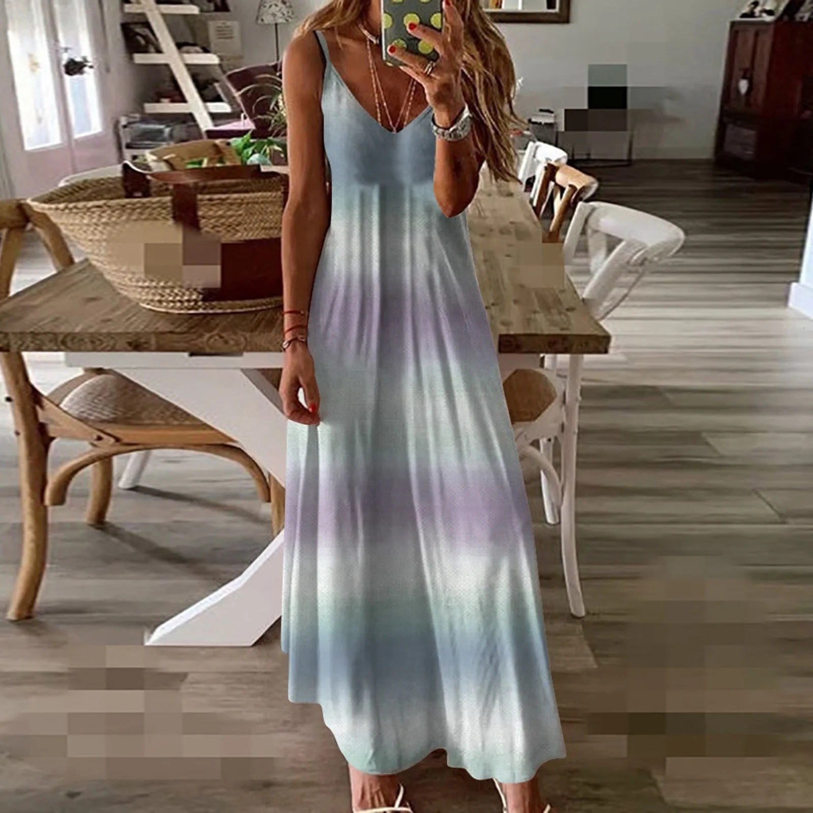 Robes d'été pour femmes décontractées gradient rayé slim ajustement longue robe maxi rétro longueur de genou V robes de cou plage fête du soleil