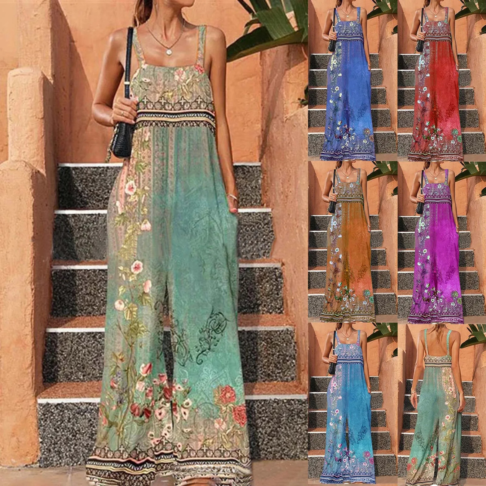 WomenS Casual Boho Print Sleeveless Vintage Jumpsuits Long Pants Wide Leg Pants Romper Women Solid Fitness Workout Jumpsuits 250606