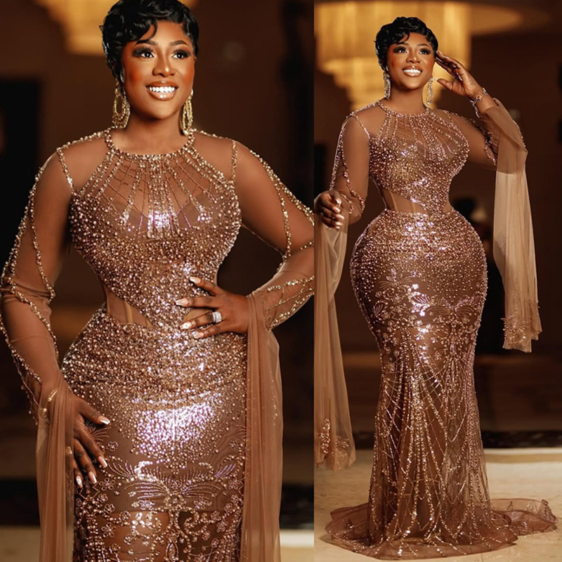 2025 Plus Size Chocolate Aso Ebi Prom Dress Mermaid Prom Dresses Evening Formal Gowns Sheer Neck Beaded Lace Flora Birthday Dress Second Receptio