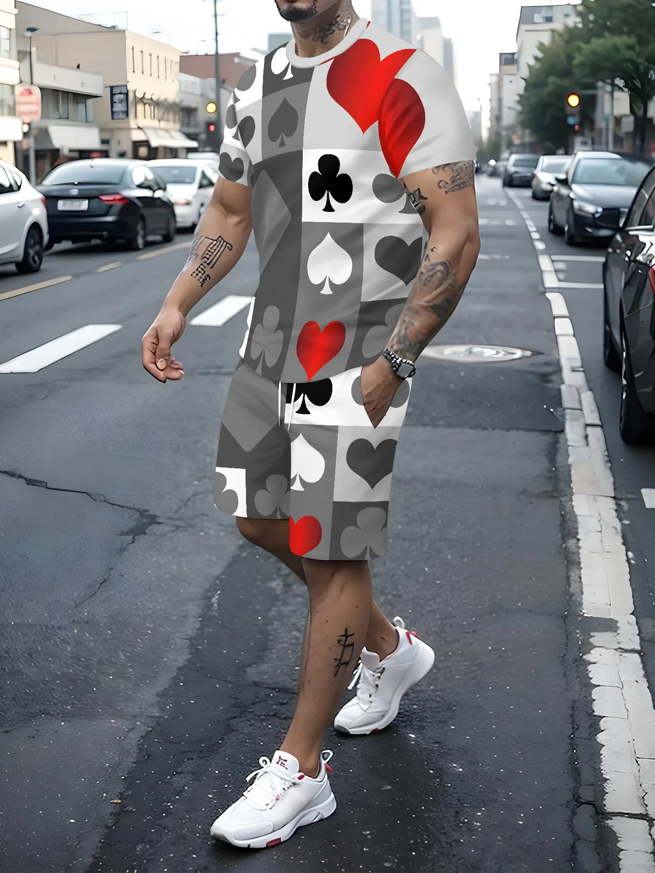 Mens Playing Card Symbol Printed Casual Wear - Lightweight Polyester T-Shirt and Shorts Set Crew Neck Opaque Knitted Fabric 250606