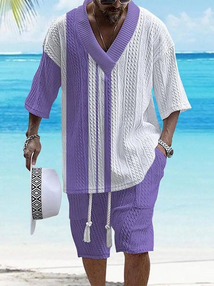 Style décontracté Jacquard ensemble pour hommes été ample à manches courtes haut en tricot et Shorts col en v Sport ensemble deux pièces tenue 25