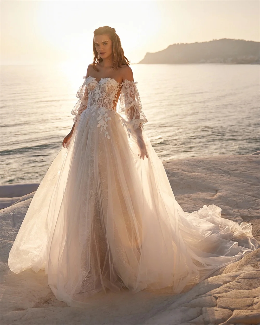 2025 Robe de mariée de haute qualité A-Line Fleurs Fleurs dentelle Applique Longues manches gonflées Boho Tulle Robes de mariée