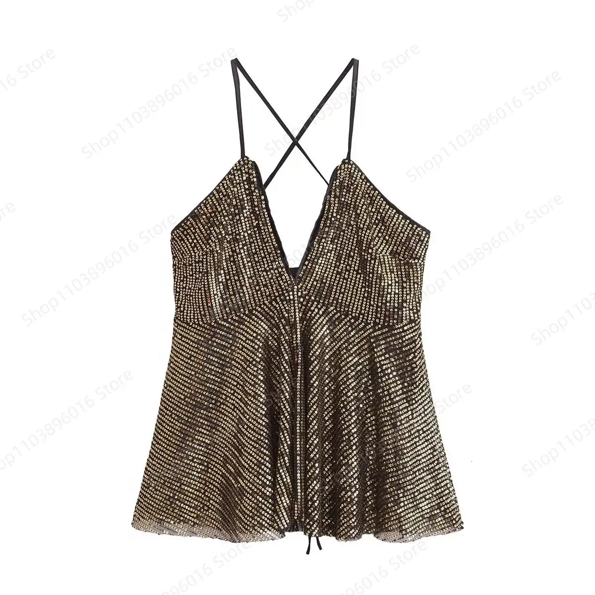 Femmes d'hiver Fashion Sequin Top Vintage Sans manches Backless Slim-Fit Chic Chic Femme Camis Chic Tops Mujer 250606
