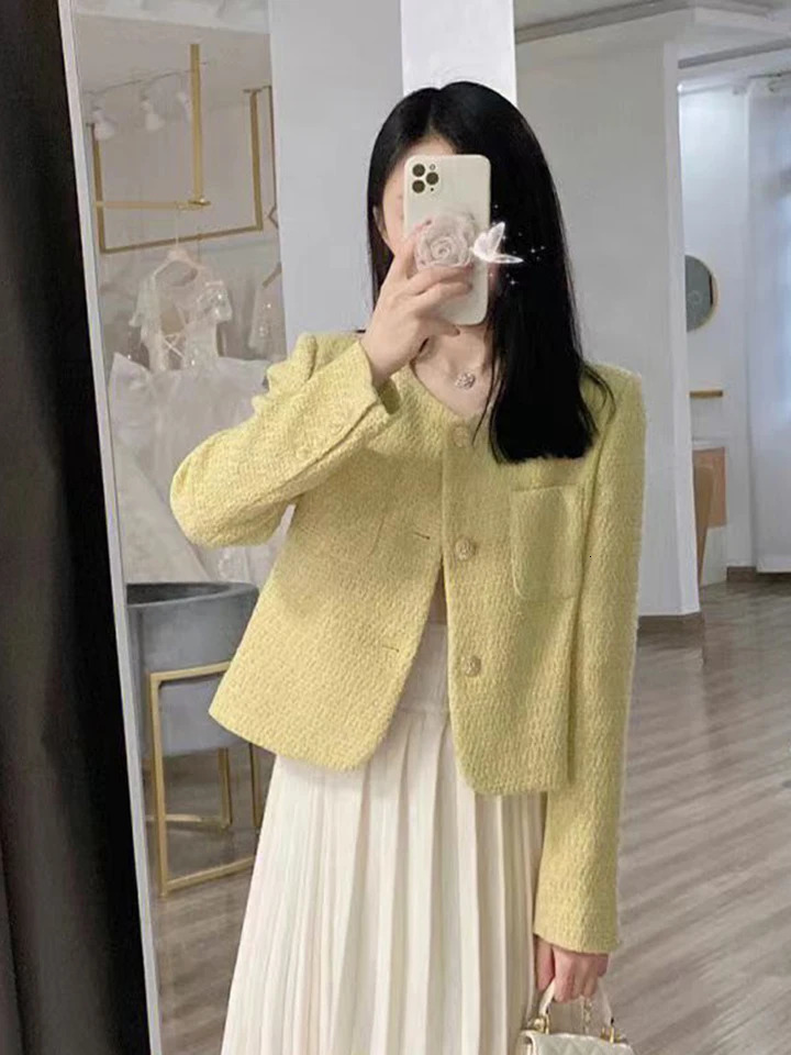 Jmprs Women Sweet Yellow Tweed Jackets Korean Fashion Long Sleeve Elegant Short Coats Casual All Match Female Simple Slim Tops 250606