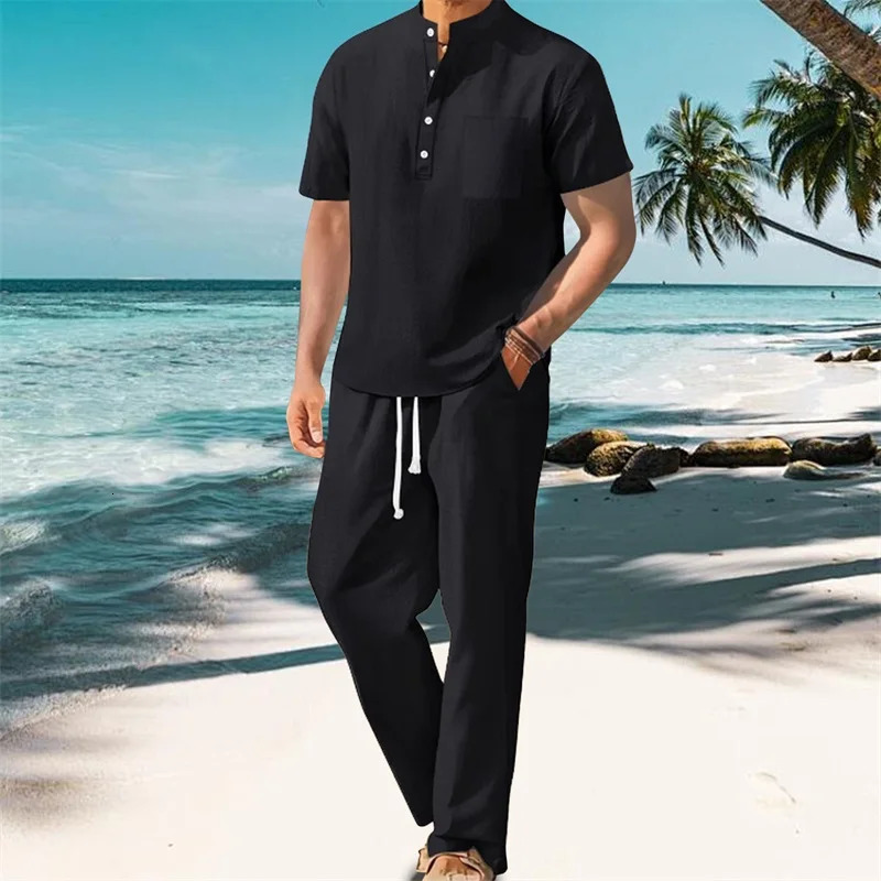 Men s Casual 2 Piece Outfit Short Sleeve Henley Tops with Drawstring Pants Loose Solid Color Set for a Stylish Look 250606