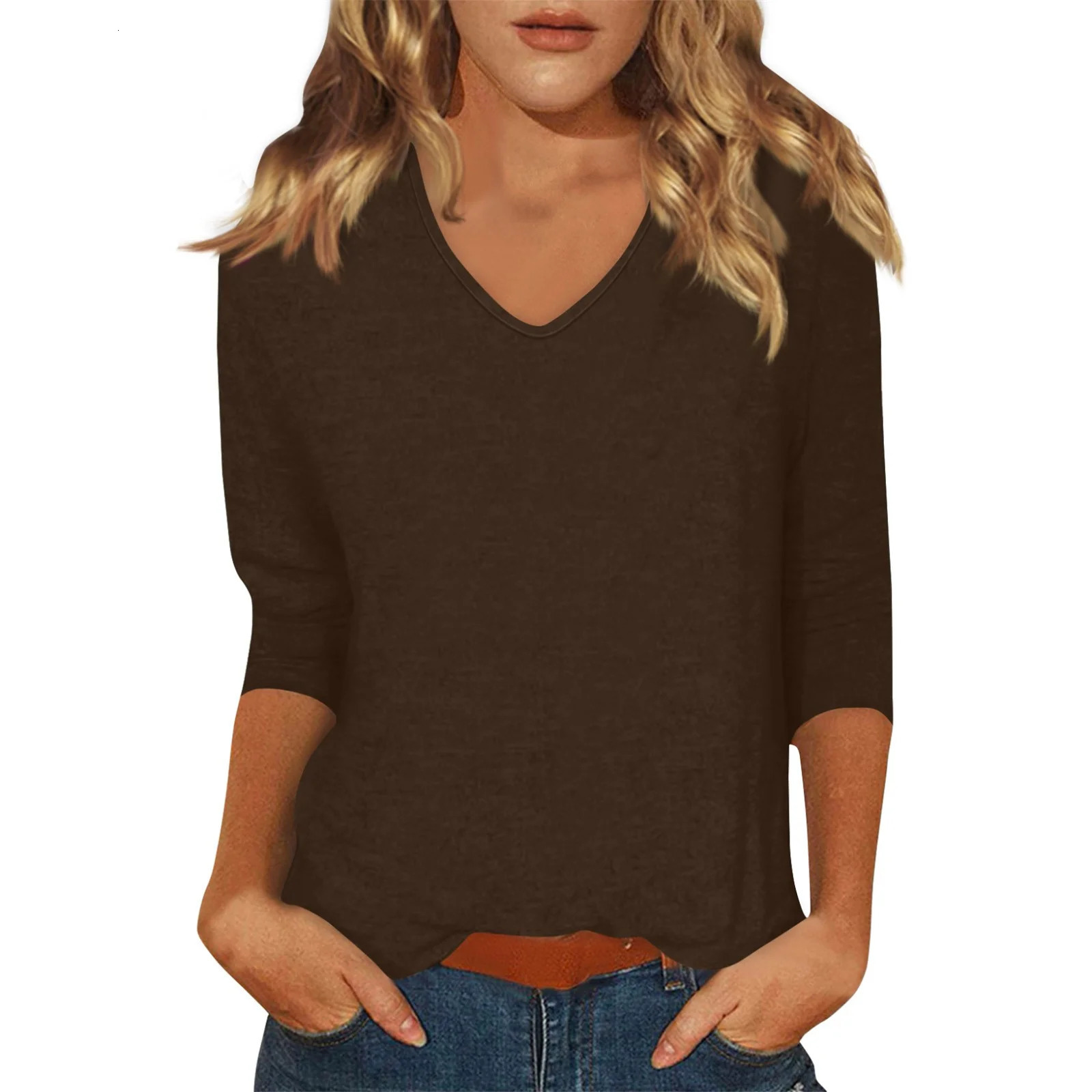 Summer Womens Tops 34 Sleeve Fashion Solid Cute Shirts Casual Outfits T Shirt Daily Wear Date Going Out Roupas Feminina 250603