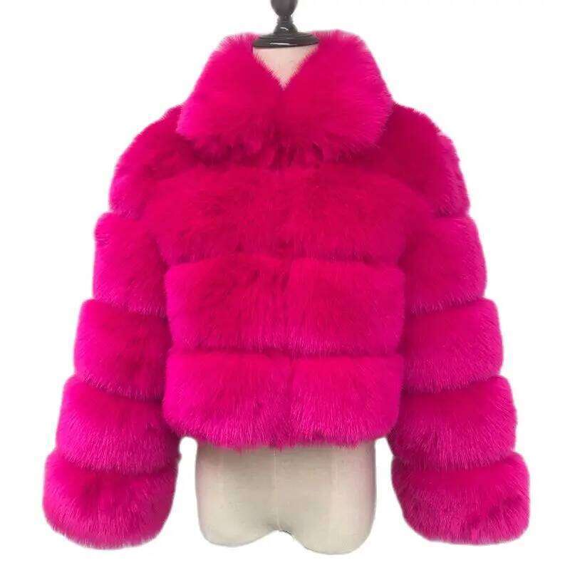 Manteau en fausse fourrure rose vif pour femme, veste en fourrure épaisse et chaude avec doublure en cachemire, manches chauve-souris bouffantes,