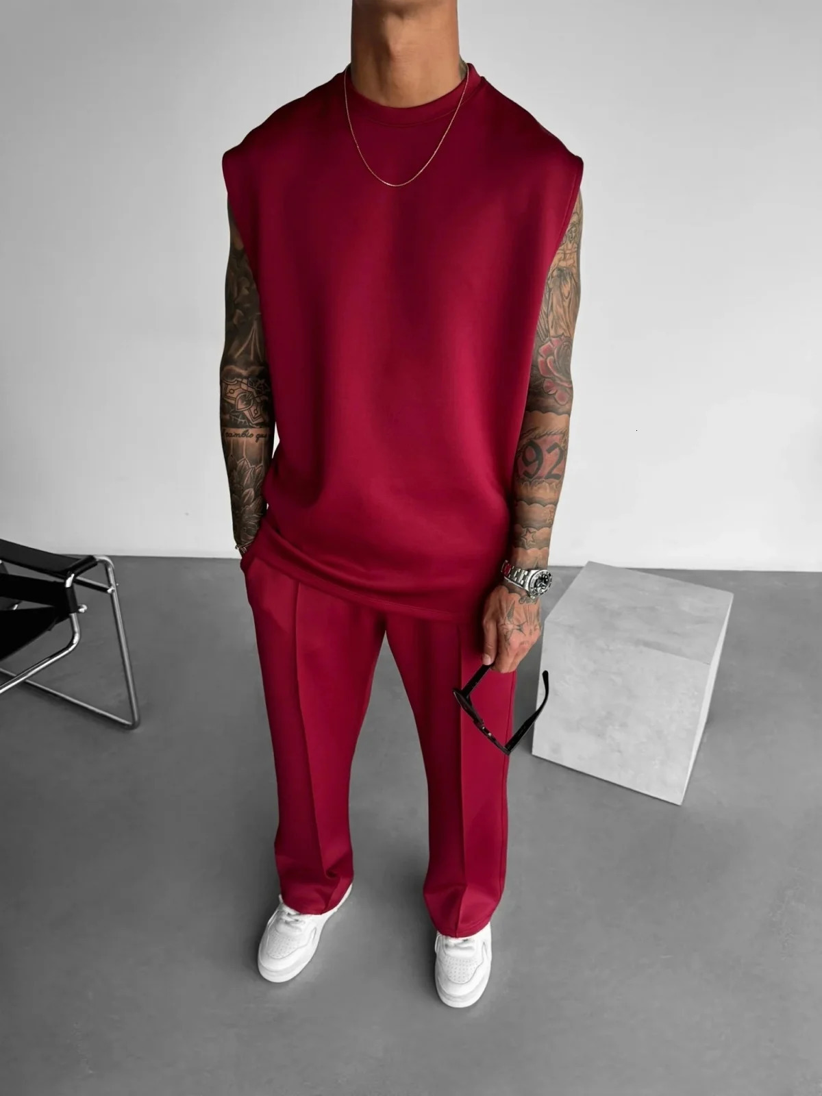2025 Summer mens sports fashion casual pants vest set loose sleeveless T-shirt solid color set 250529
