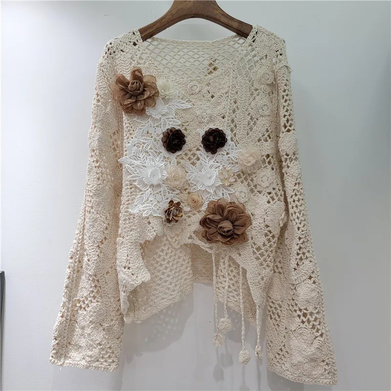 Irregular Three-dimensional Embroidery Hollow Lace Shirt Pullover Sweater Women Spring and Summer Lace-up Knitted Sweater Top 250606