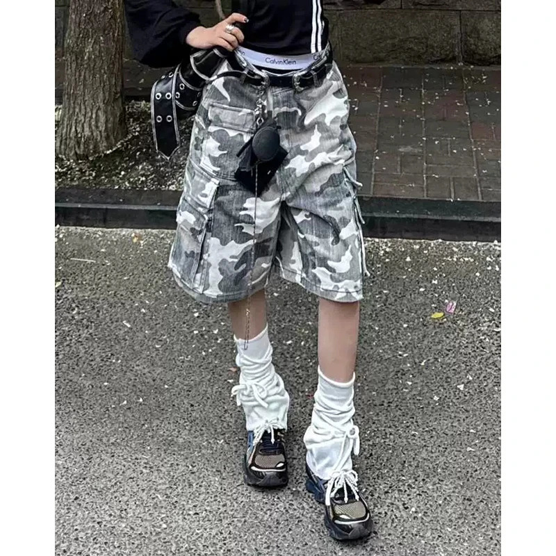PBAP Vintage Wash Camouflage Cargo Denim Shorts Women Multi-pocket Wide Leg High Waist Baggy Jeans Jorts Grayu Y2k Streetwear 250609