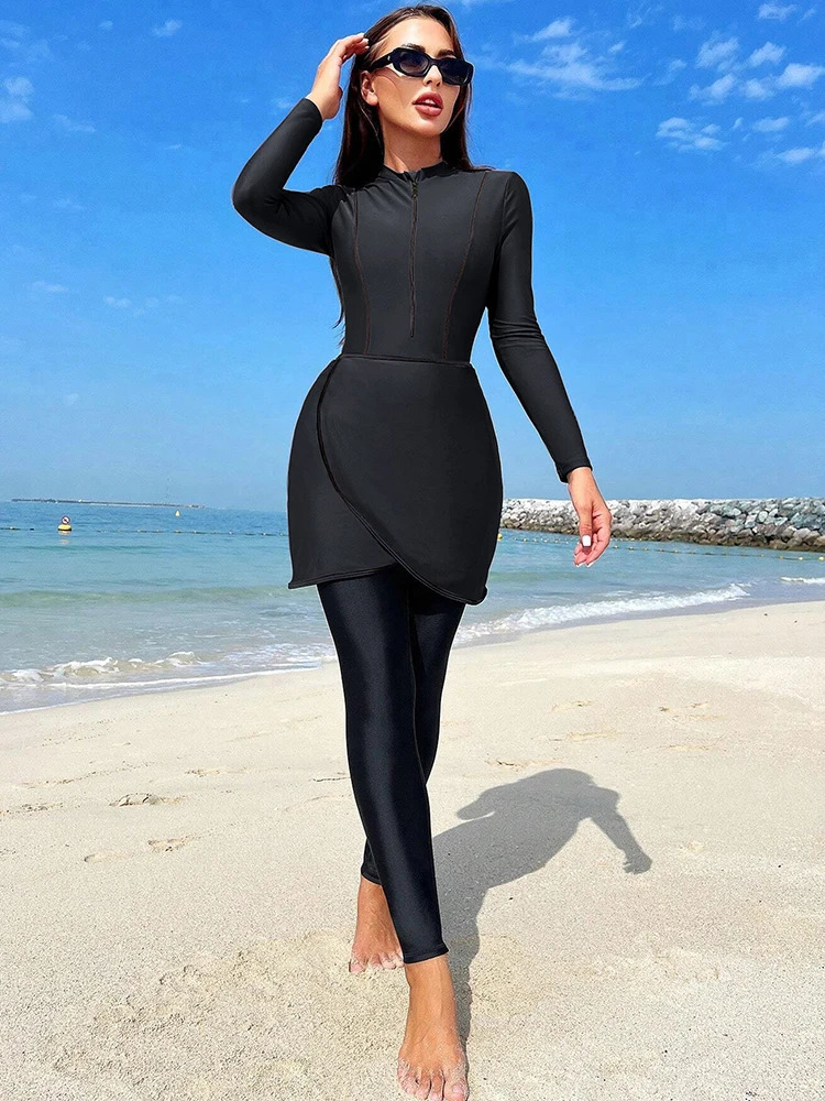 Muslim Swimwear Women Modest Patchwork Hijab Long Sleeves Sport Swimsuit Islamic Bathing Suit Quick Drying UPF50 250605