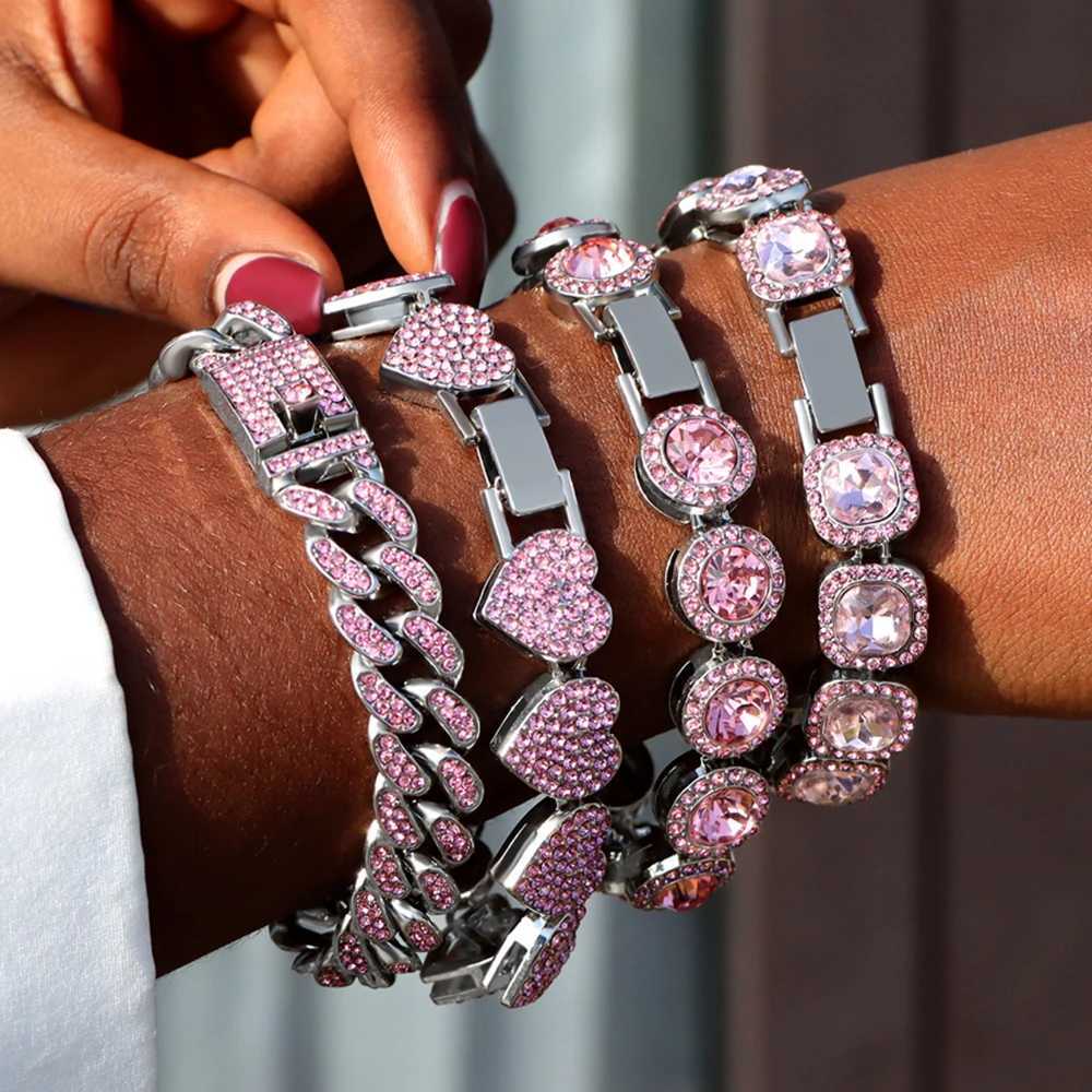 1Pcs Pink Rhinestones Miami Cuban Chain Bracelet for Women Men Iced Out Chunky Tennis Bracelets Fashion Gifts Jewelry Wholesale XJ250611