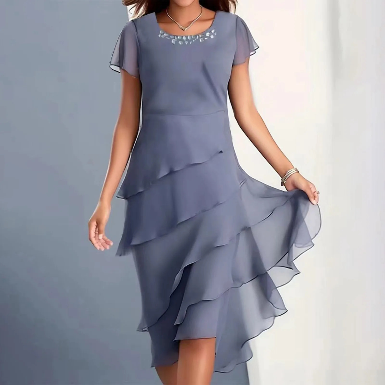 Womens Dresses Summer Solid Color Dress Short Sleeve Round Neck Chiffon Paneled For Women Plus Size 250609