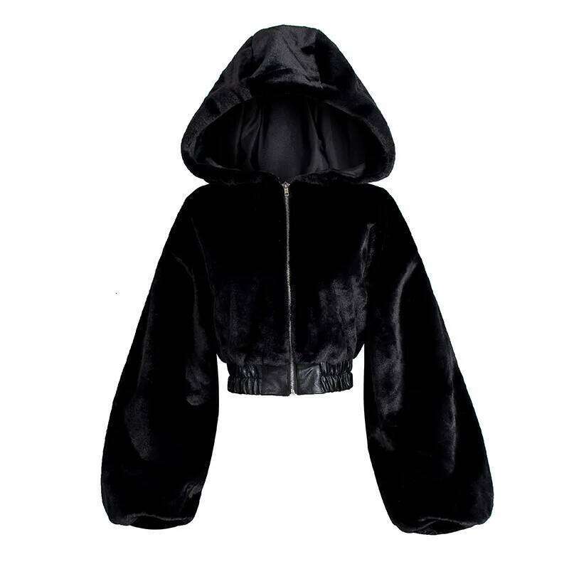 Women's Faux Fur Jacket, Streetwear Hooded Coat with Detachable Hood, Thick Plush Wool-Blend Short Outerwear, Long Sleeves, Single-Breasted Closure,