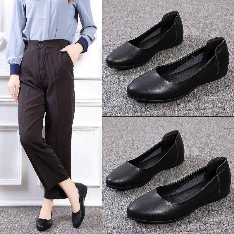 2023 Spring New Soft Sole Work for Women, Black Large Size Flat Low Heel Professional Shoes, Women's Leather Shoes ddmythur