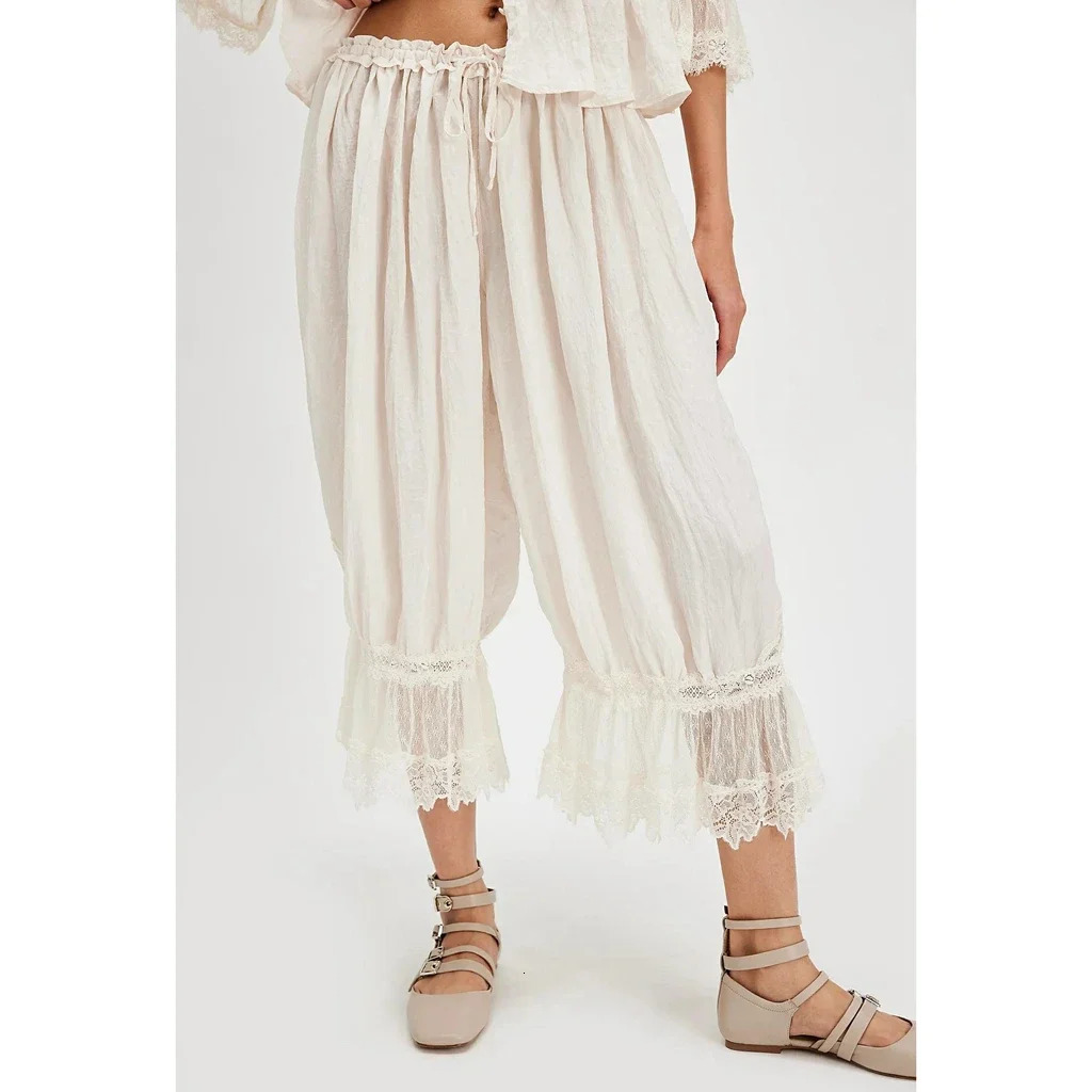 Womens Y2K Loose Fit Bloomers Cropped Pants Drawstring High Waist Floral Lace Patchwork Calf-Length Lantern Trousers250609
