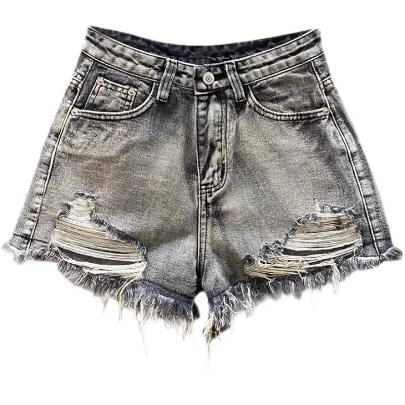 Worn Legs with Rough Edges Washed Black Denim Shorts Summer Women Fashion A-line Wide Leg Hole Ripped Denim Shorts 250606