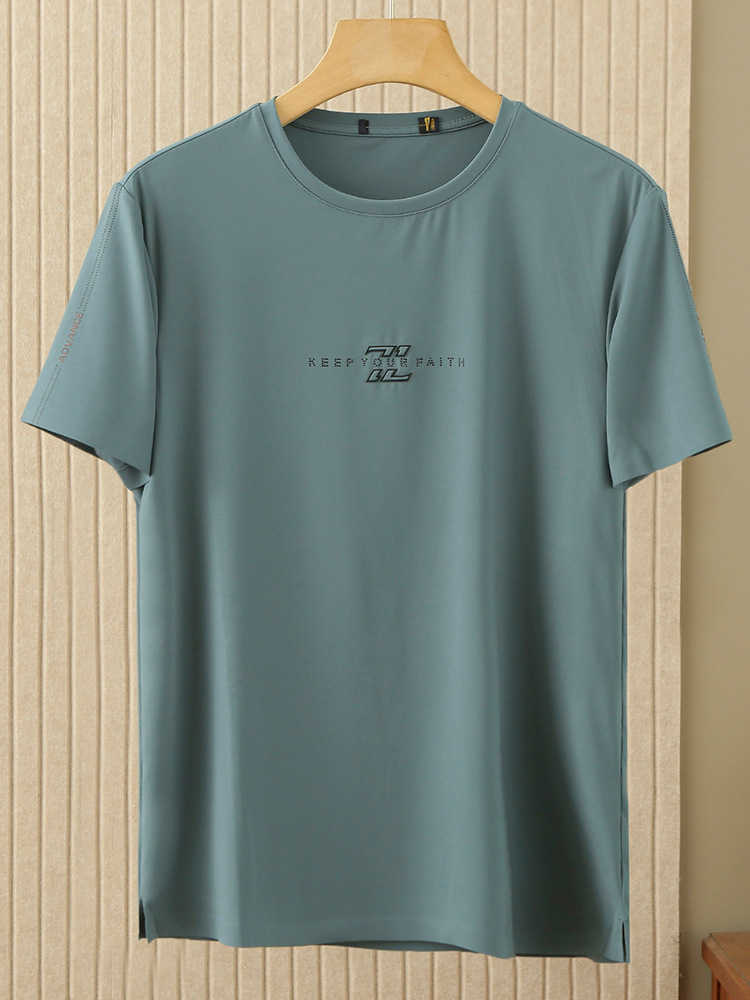 Six-dimensional stretch athleisure t-shirt men's summer sea cut label letter crew neck boys short sleeve 2U302