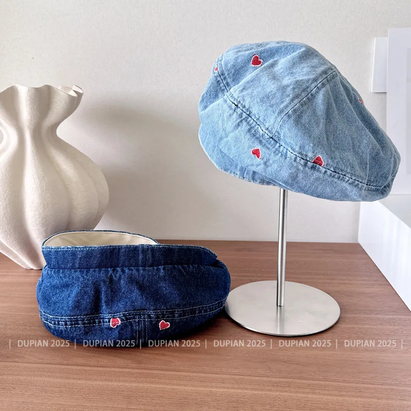 Harajuku Cotton Linen Blended Cloud Hat Womens Spring Summer Sunscreen Simple Octagonal Hat Solid Color Sun Denim Heart Beret 250610