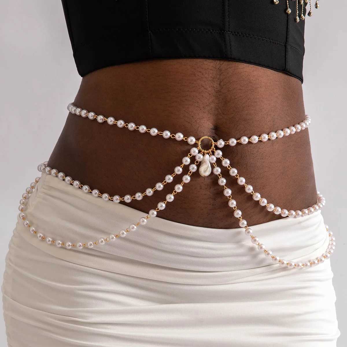 Tocona Fashion Multi-layer Joint White Color Imitation Pearl Adjustable Waist Chain for Women Body Chain Jewelry Accessories W250611-image-1061511037