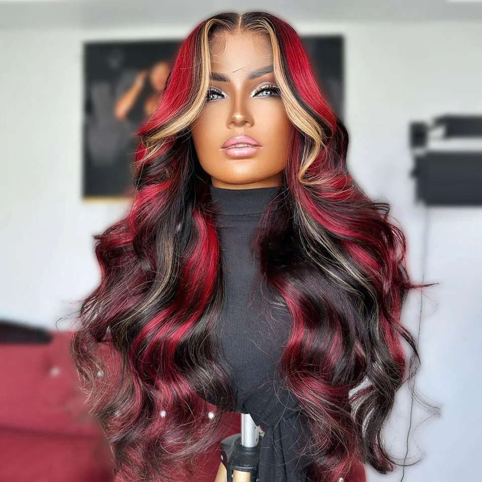 1B/99J/27 Omber black hair with red blonde Highlight Hd Lace Closure Body Wave Wig Human Hair 99J Glueless Wig Ready To Wear Synthetic