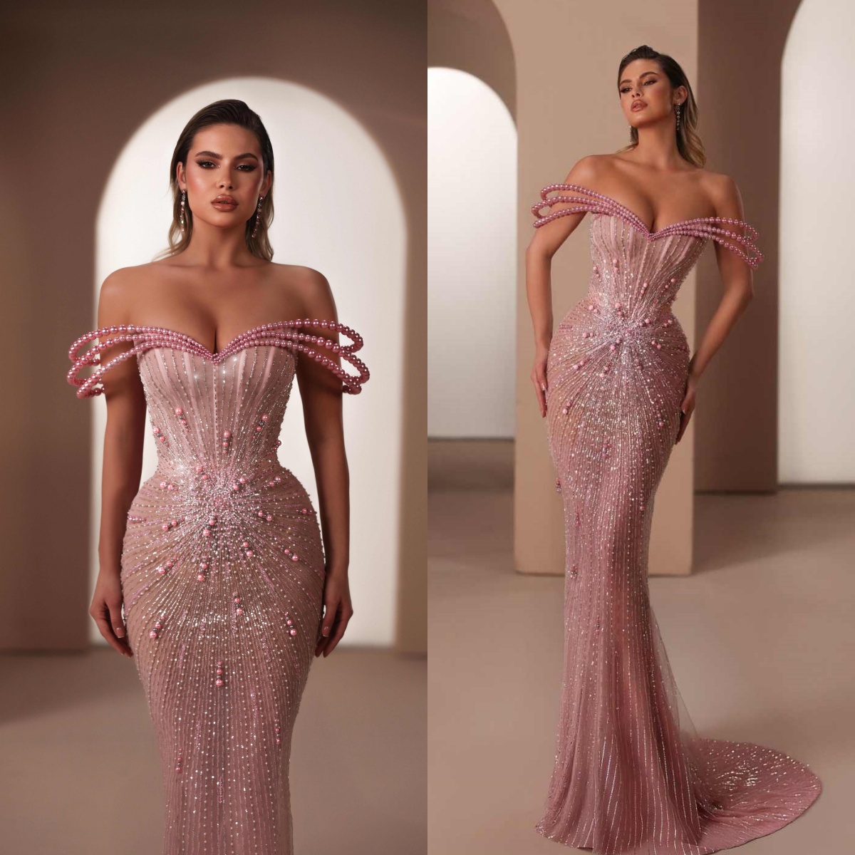 tylish Mermaid Evening Dress Off Shoulder Prom Gowns Sequins Beads Appliques Pearls Vestido De Novia Prom Dress Plus Size Customized