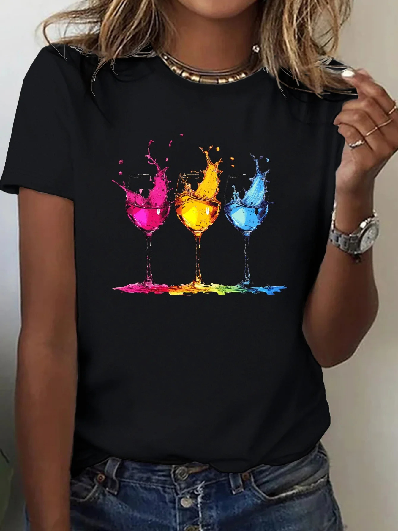 Wine Glasses Print Crew Neck Tshirt Casual Short Sleeve Top for Spring Summer Womens Clothing Aesthetic Clothes 250603