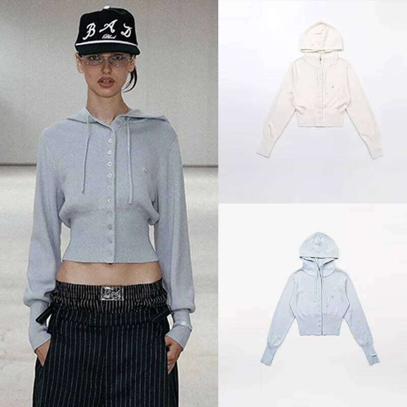 Badblood solid color V-neck sweater retro lazy style knitted cardigan embroidered short jacket for women