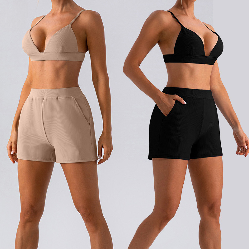 2026 Gym Clothe Set Womens Yoga Bras New Trendy outdoor Sports Bra Ribbed Workout Set Shorts Casual Running Sexy Fitness Tank Top Breathable Pockets