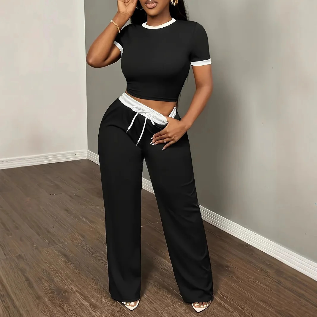 Sexy Short Sleeve Black Crop Tops And Pants 2 Piece Sets Woman Outfit Summer Sport Casual Two Piece Outfits Women 250606