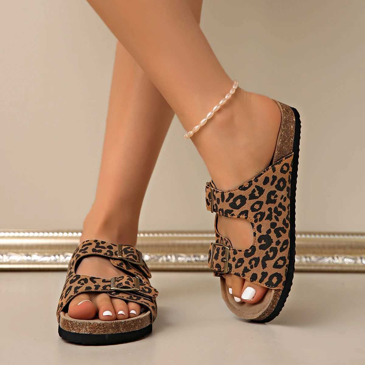 Fi Leopard femmes pantoufles nouveau liège pantoufles femmes été en plein air N-slip chaussures boucle sandales femme plage pantoufles plates XJ2