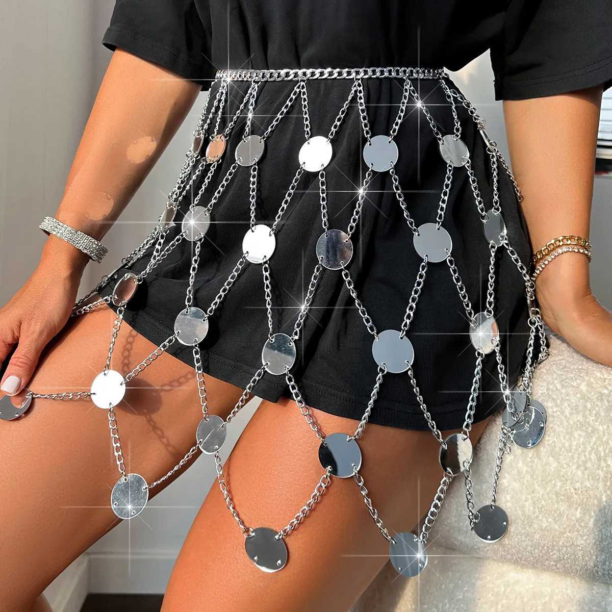 Sexy Metallic Chain Design Sequin Decor Bodycon Skirt Club Party Outfit Hollow Out Midi Skirt W250611-image-1061510975