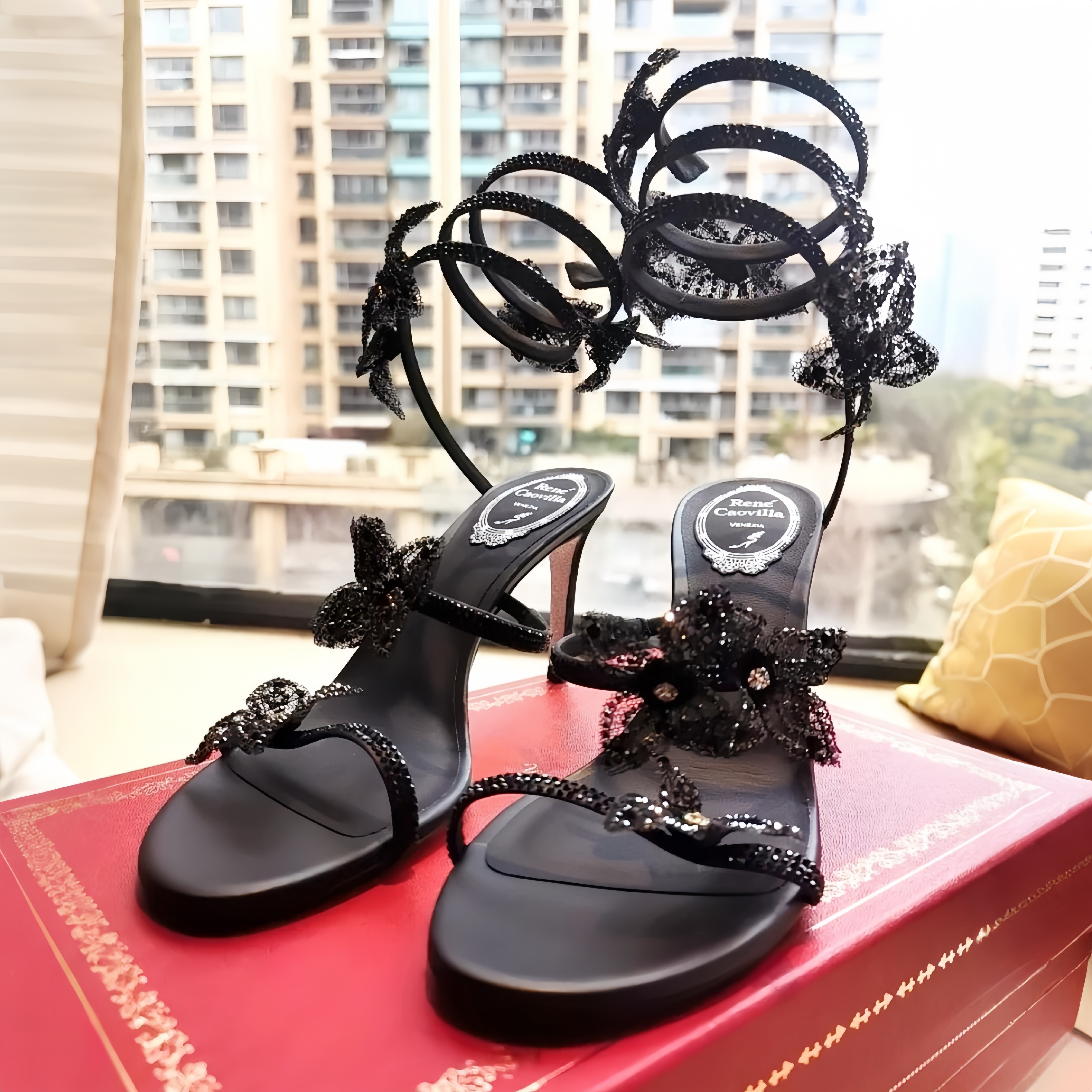 Sac luxe femme rene caoville heel Designer High heel Womens Sandal beaded Rhinestones Sliders slingback leather slipper sandale Pumps crystal Luxury