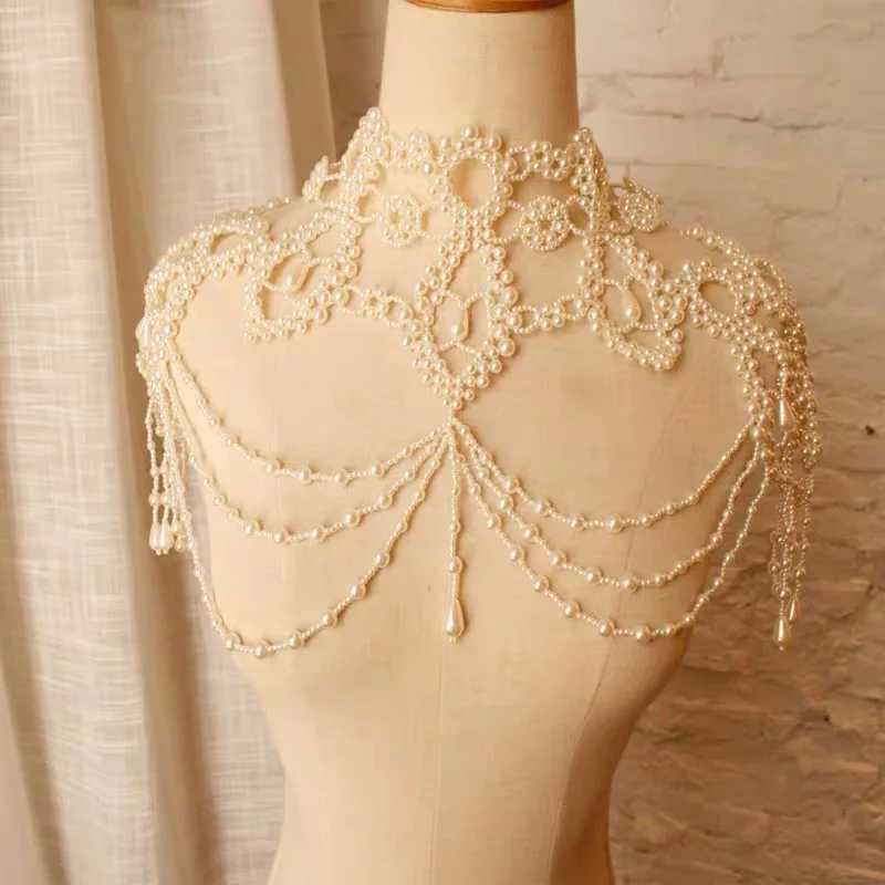 Vintage Bride with Pearl Large Necklace Womens Wedding Dress with Fringed Shoulder Chain Handmade Beaded Banquet Shawl Jewelry W250611-image-1061510970