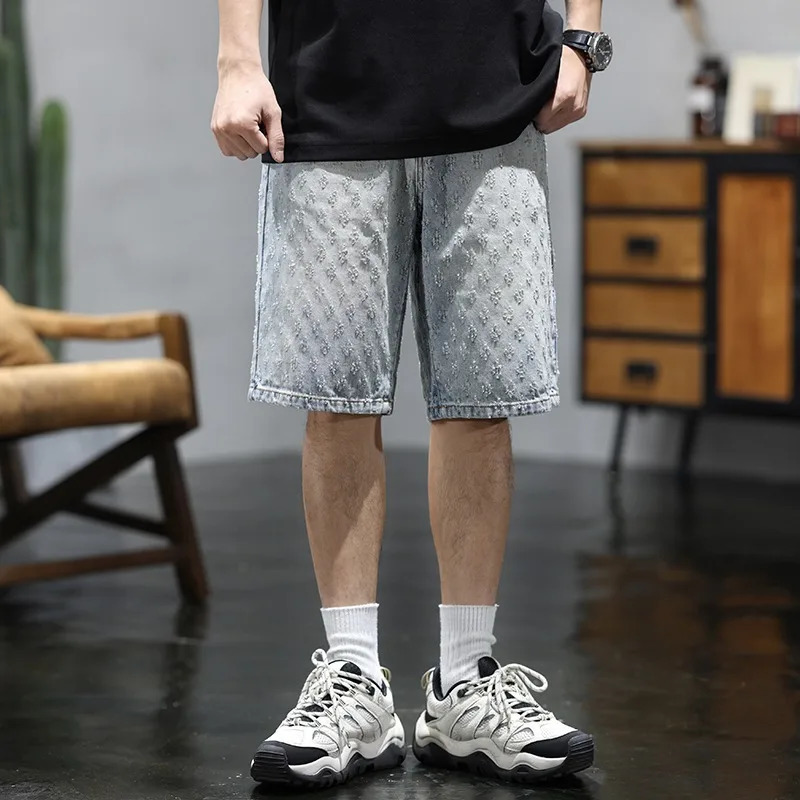 American fashion brand jacquard denim shorts for men retro washed pure cotton five quarter pants summer loose casual fo 250610