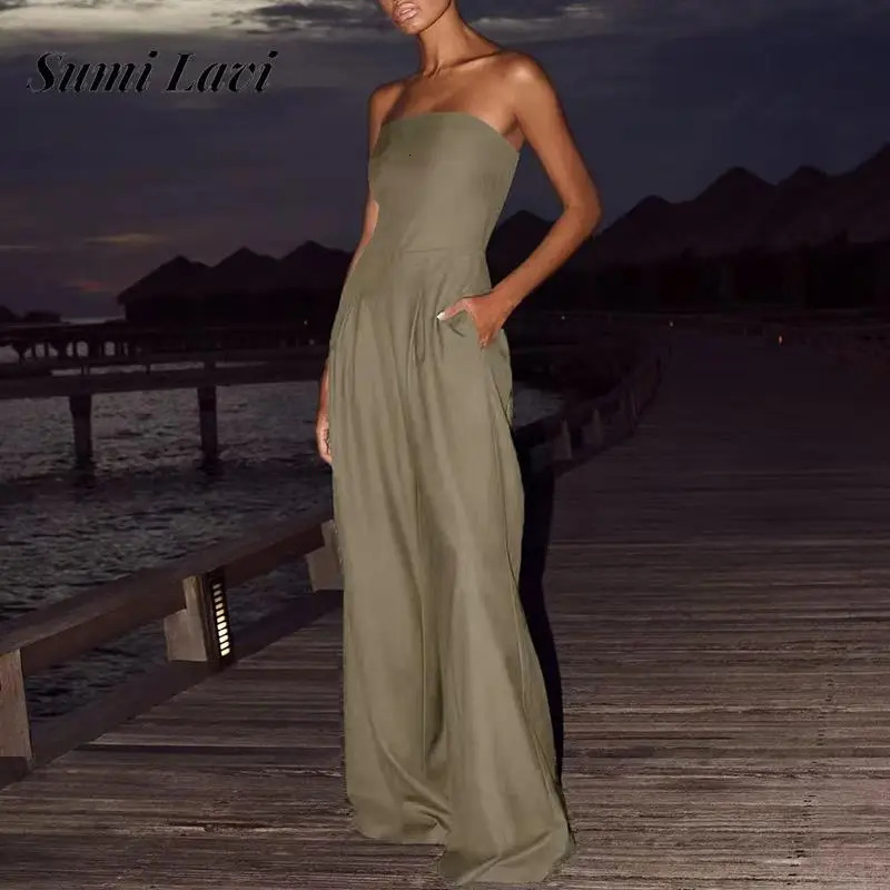 Women Fashion Hight Waist Solid Party Playsuits Overalls Sexy Sleeveless Draped Rompers Elegant Bustier Backless Long Jumpsuits 250609