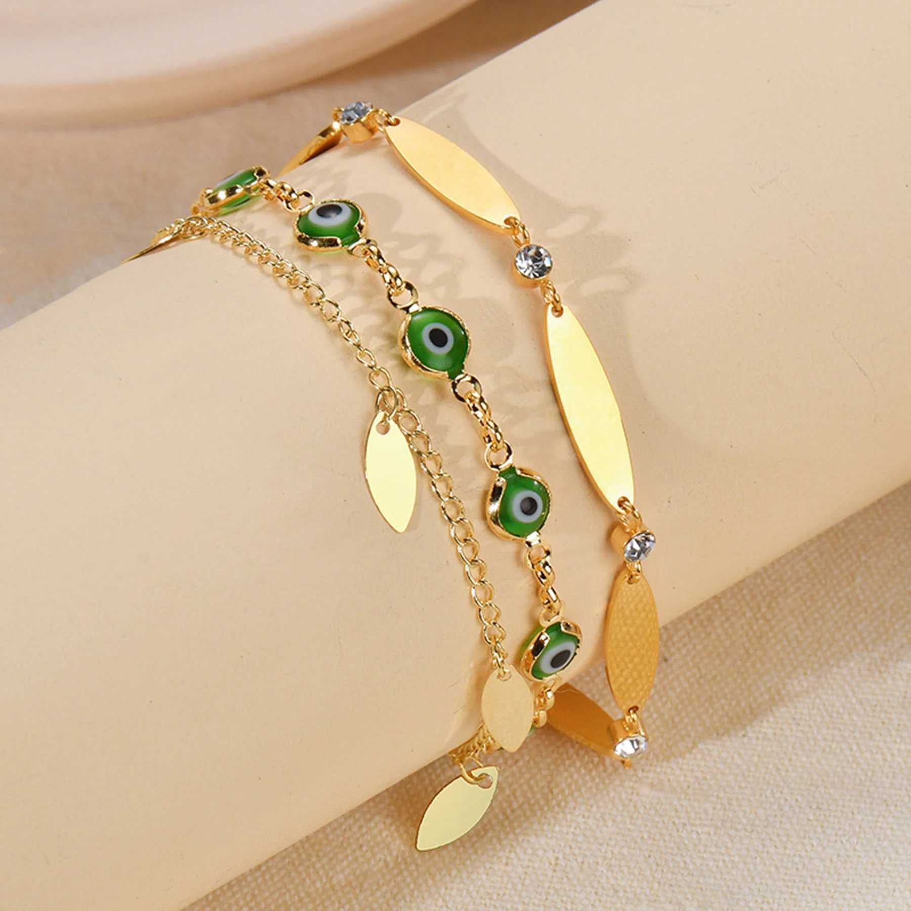 Fashion Vintage Green Evil Eye Gold Plated Stainless Steel Bracelet Simple Oval Piece Pendant Charming Jewelry Gifts For Women XJ250611