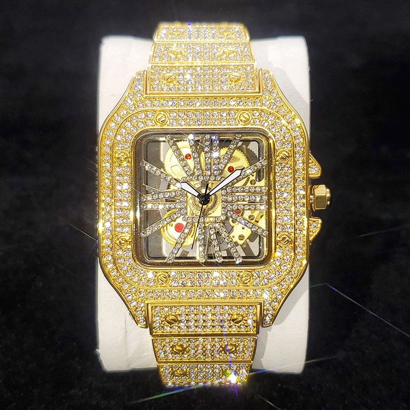Hot Men's Watch Hip-Hop Fashion Watch Luminous Diamond Full Gold Square Hollow Bottom Mechanical-image-1061454486