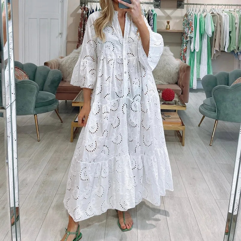 XXS-3XL Loose Fit Hollow Out Dress for Women Summer Elegant Vintage Solid Embroidery Casual V-neck Flare Sleeve Maxi Dresses 250606