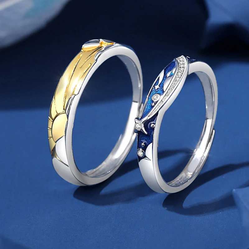 European S925 Sterling Silver AAA CZ Sun And Stars Couple Open Ring For Women Men Birthday Wedding Valentines Day Jewelry Z250611
