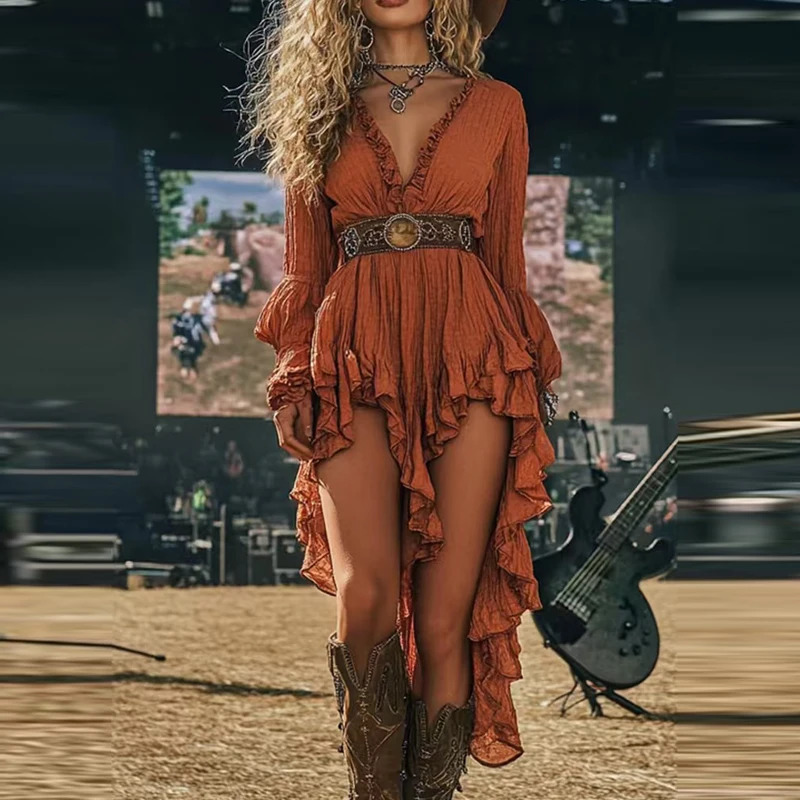 Women Ethnic Retro Solid Ruffle Irregular Dresses Casual V-Neck Lantern Sleeve Elastic Waist Tassels Boho Dresses Vacation 250611