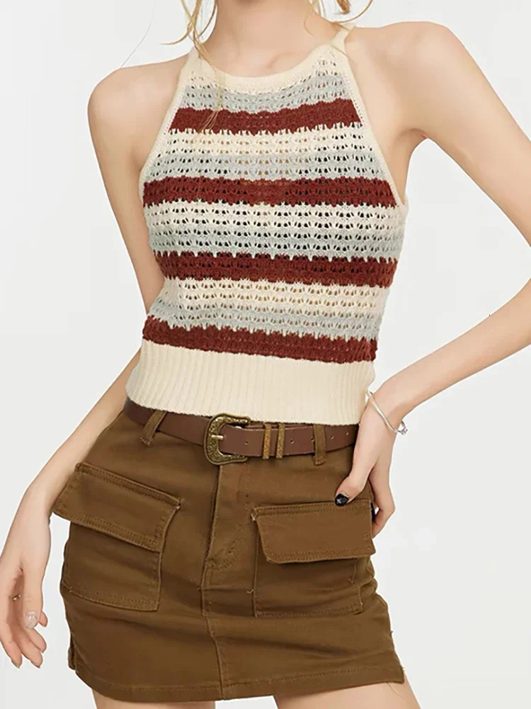 Summer Women Vintage Stripe Knit Hollow Out Tank Top Female Beach Style Cami O Neck Knitwear Top 250606